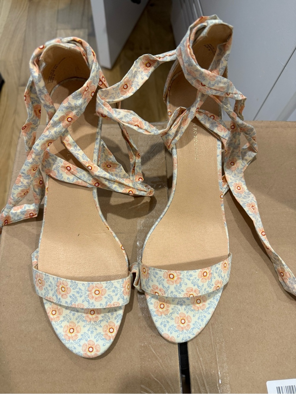 Anthropologie Floral Lace-Up Heeled Sandals in Light Blue and Orange